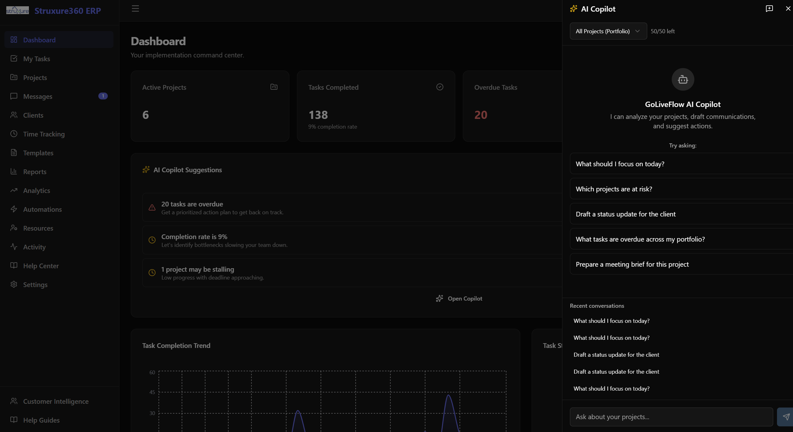 GoLiveFlow AI Copilot conversation panel with project insights