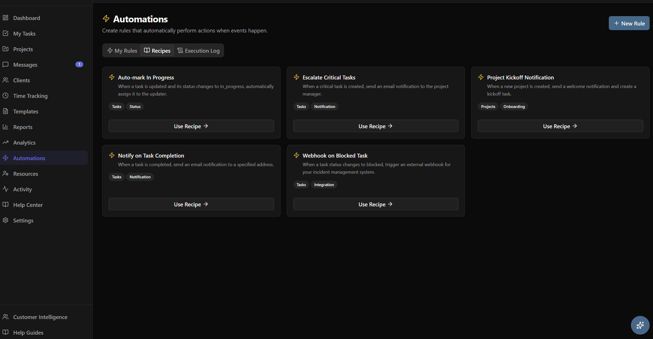GoLiveFlow automation rules builder showing recipe cards