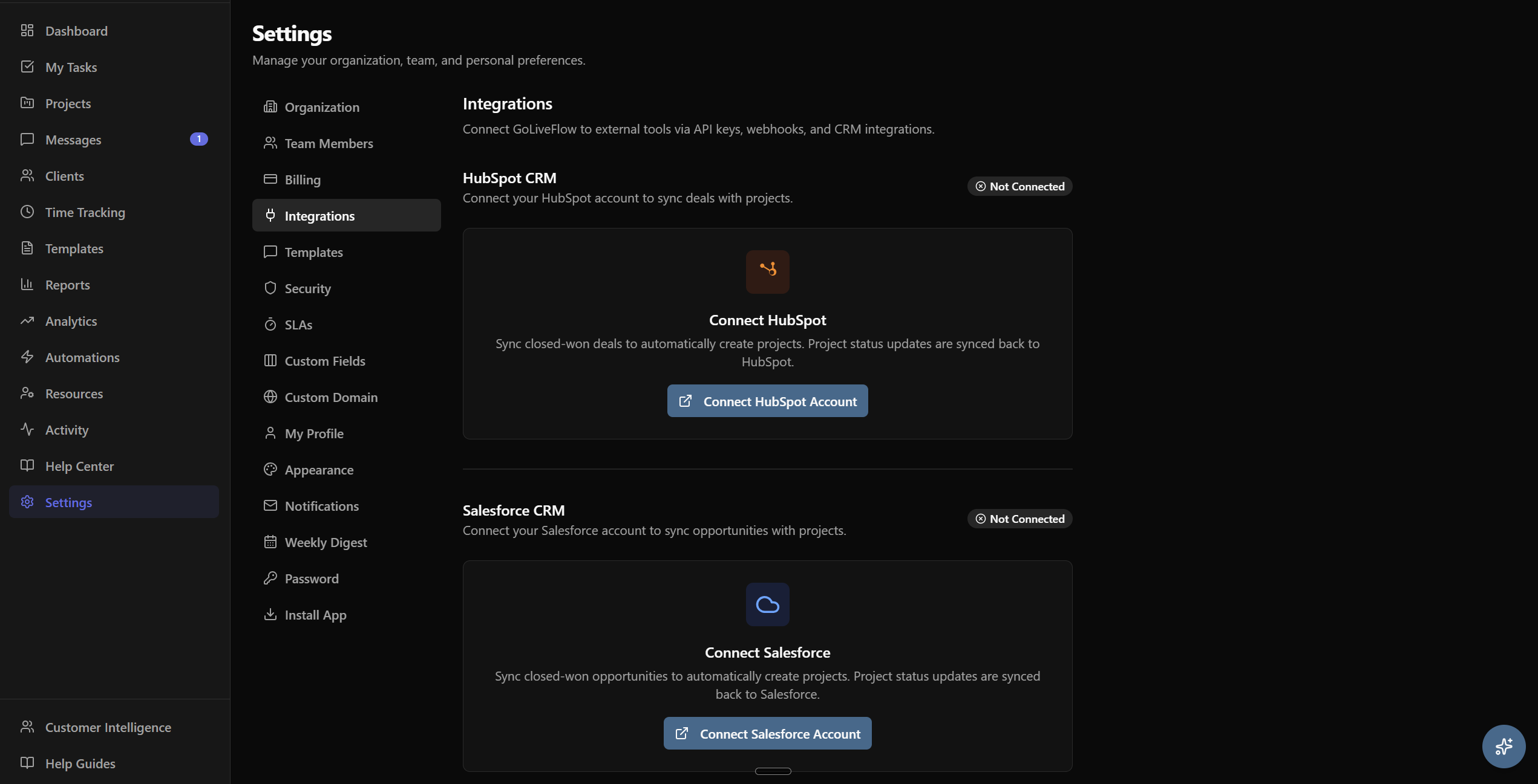GoLiveFlow integrations settings showing connected platforms